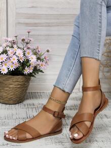 Einfache flache Sandalen für Frauen, lässige offene Zehen Sommer Schuhe, leichte elastische Riemen Pantoletten - Rostbraun - Übersicht 4