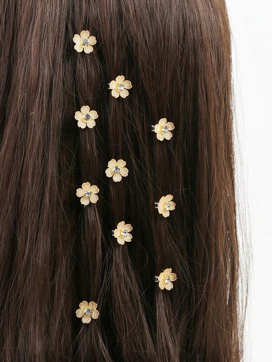 10pcs Rhinestone Flower Hair Clips, Braided Hair Clips, Women Hair Accessories, Vacation Outfits Woman, Looks Of Party - Apricot - View 1