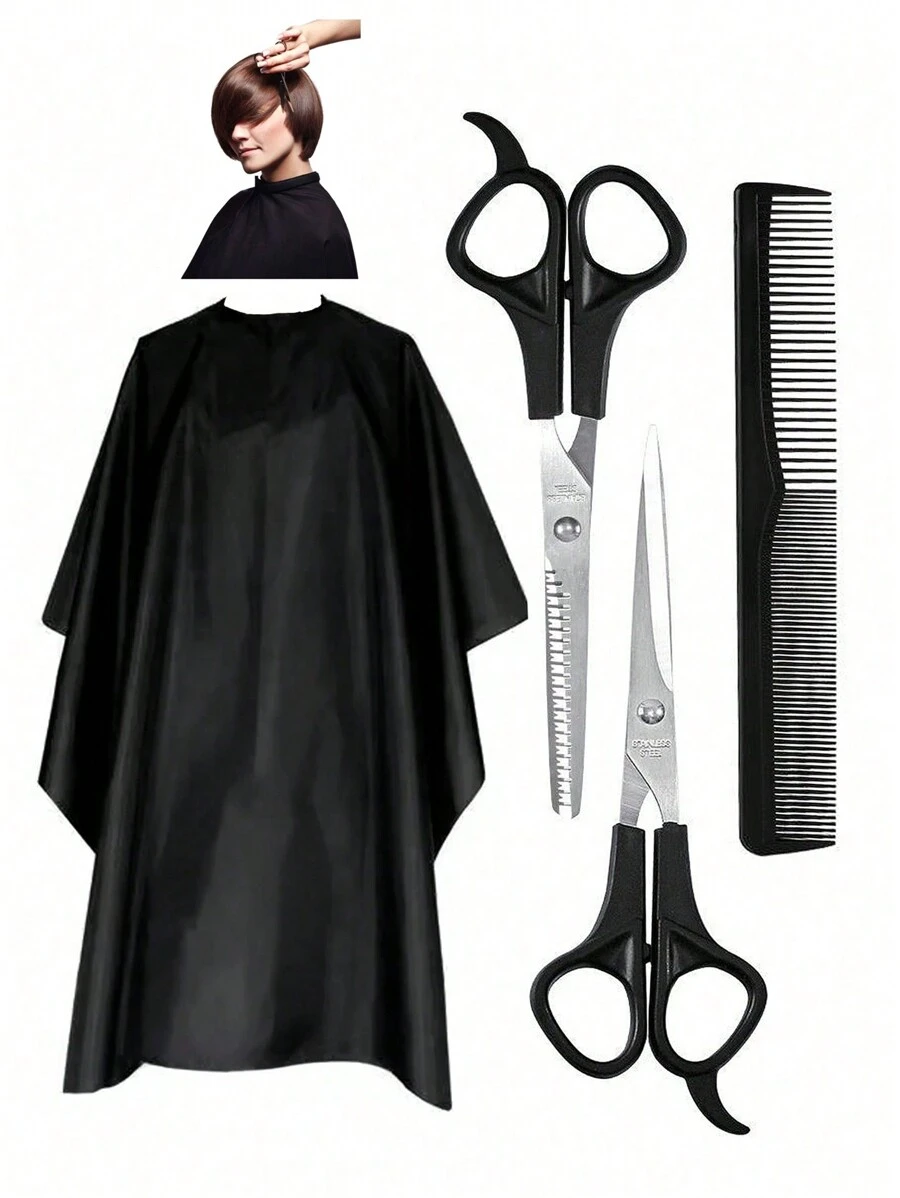 4-Piece Hairdressing Tool Set, Including Barber Scissors, Thinning Shears, Straight Scissors, Hairdressing Apron, Hairdressing Care Set, Adult Barber Clothes, Scissors Apron, Hair Dryer, Comb Pattern Hairdressing Cloth, Hair Salon Hairdressing Shoulder Cloth, Can Be Used By Children, The Elderly, Women, Men And Girls, - Black - View 1