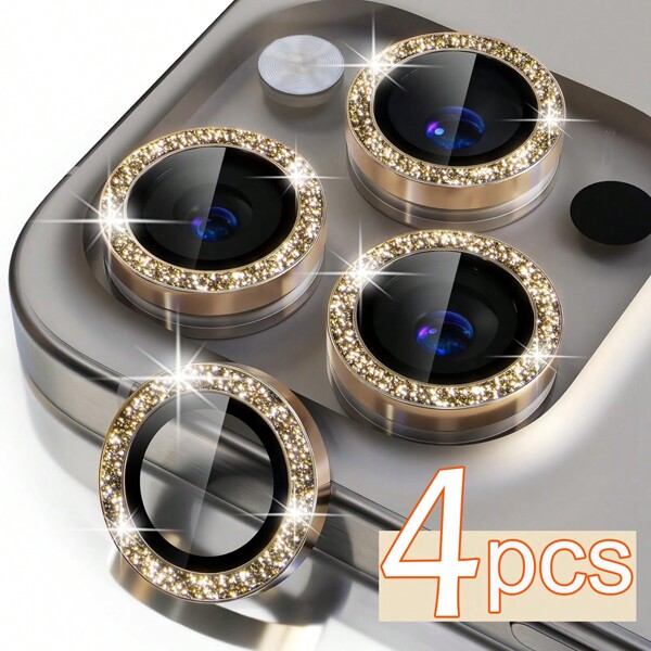 4pcs Compatible With Iphone 14 Pro 15 16 Pro Max 14 Plus 13 12 Mini 11 Pro Camera Lens Protector Tempered Glass Bling Screen Protection Cover Glitter Individual Metal Ring Gold Camera Cover Protector Individual