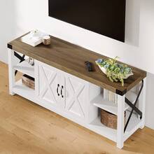 Farmhouse TV Stand For 65/60/55 Inchs, Mid Century Modern Entertainment Center With Storage Cabinets And Open Shelves, Wood TV Table Media Console For Living Room, Bedroom - 白色 - 查看 3