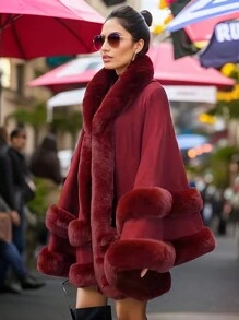 1 Peça Casaco de Suéter Longo Oversized com Capuz, Gola de Pele Sintética de Coelho, Bainha com Franjas, Tecido Acrílico Tricotado, Estilo Europeu e Americano, Novo Outono/Inverno, para Vestido