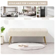 Furnistyle Ivory White Button Tufted Ottoman Bench, Faux Sherpa Fabric Ottoman, End Of Bed Bench Upholstered Entryway Bench Seat, Furry Bench With Solid Metal Legs, Vanity Bench For Makeup Room, Footstool Ottman Bench For Living Room