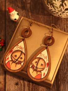 New Vintage Halloween Style Handmade Wood Hollow Round & Drop Shaped Broken Doll Earrings And Pendant Set For Women