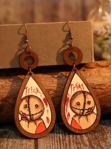 New Vintage Halloween Style Handmade Wood Hollow Round & Drop Shaped Broken Doll Earrings And Pendant Set For Women