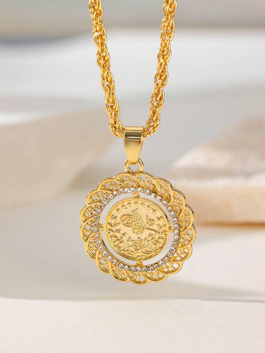 1pc Golden Plated Alloy Coin Pendant Necklace Suitable For Daily Wear - Yellow Gold - View 1