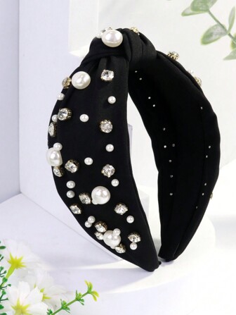 Royal 1pc Women Wide Fabric Band Faux Pearl & Rhinestone Decor Fashion Headband, Simple Solid Color Vintage Hair Accessory,Hairband,Hair Hoop Headbands, Black