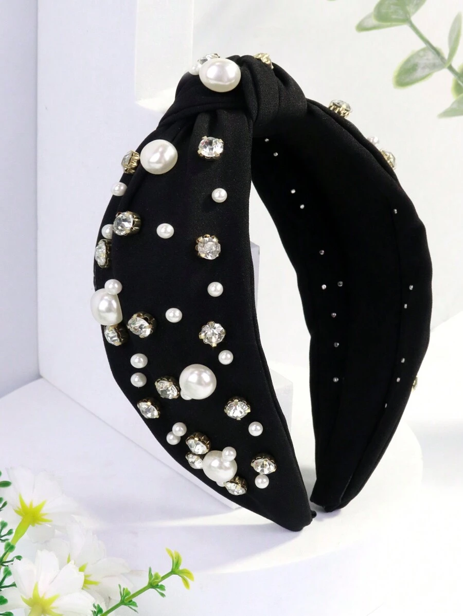 Royal 1件装女士宽版布艺人造珍珠水钻装饰时尚发箍，简约纯色复古发饰，发带，发箍，黑色头饰，家居美发饰品，夏季、假日、旅行 - 黑色 - 查看 1