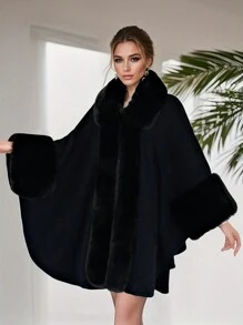 1 Peça Poncho, Xale, Cardigã de Malha Acrílica Folgado e Oversized, Elegante Gola de Pele Sintética com Plus Size para Mulheres