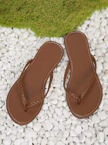 Ladies' Solid Color Zigzag Slip-On Sandals, Lightweight Open-Toe Women's Shoes Braided Strap Slippers