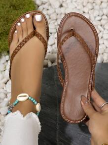 Ladies' Solid Color Zigzag Slip-On Sandals, Lightweight Open-Toe Women's Shoes Braided Strap Slippers