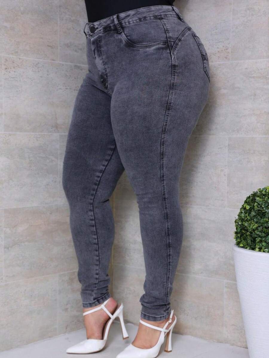Calça Plus Size Jeans Marmorizada Com Elastano Valoriza Bumbum - Lavagem Média - Visão 1