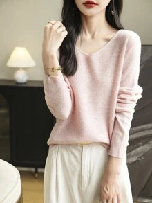 100%美麗諾羊毛女式毛衣V領套頭針織無縫長袖休閒毛衣