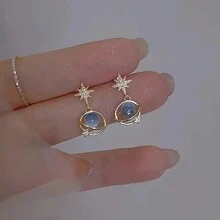 1 par de aretes de botón con fantasía azul y piedrería, adecuados para uso diario de mujeres - Dorado - Ver 2