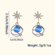 1 par de aretes de botón con fantasía azul y piedrería, adecuados para uso diario de mujeres - Dorado - Ver 5