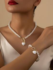 2pcs/Set Fashionable & Elegant Heart Decor Necklace & Bracelet Set, Suitable For Women's Daily, Party, Banquet, Holiday Travel Wear, Gift