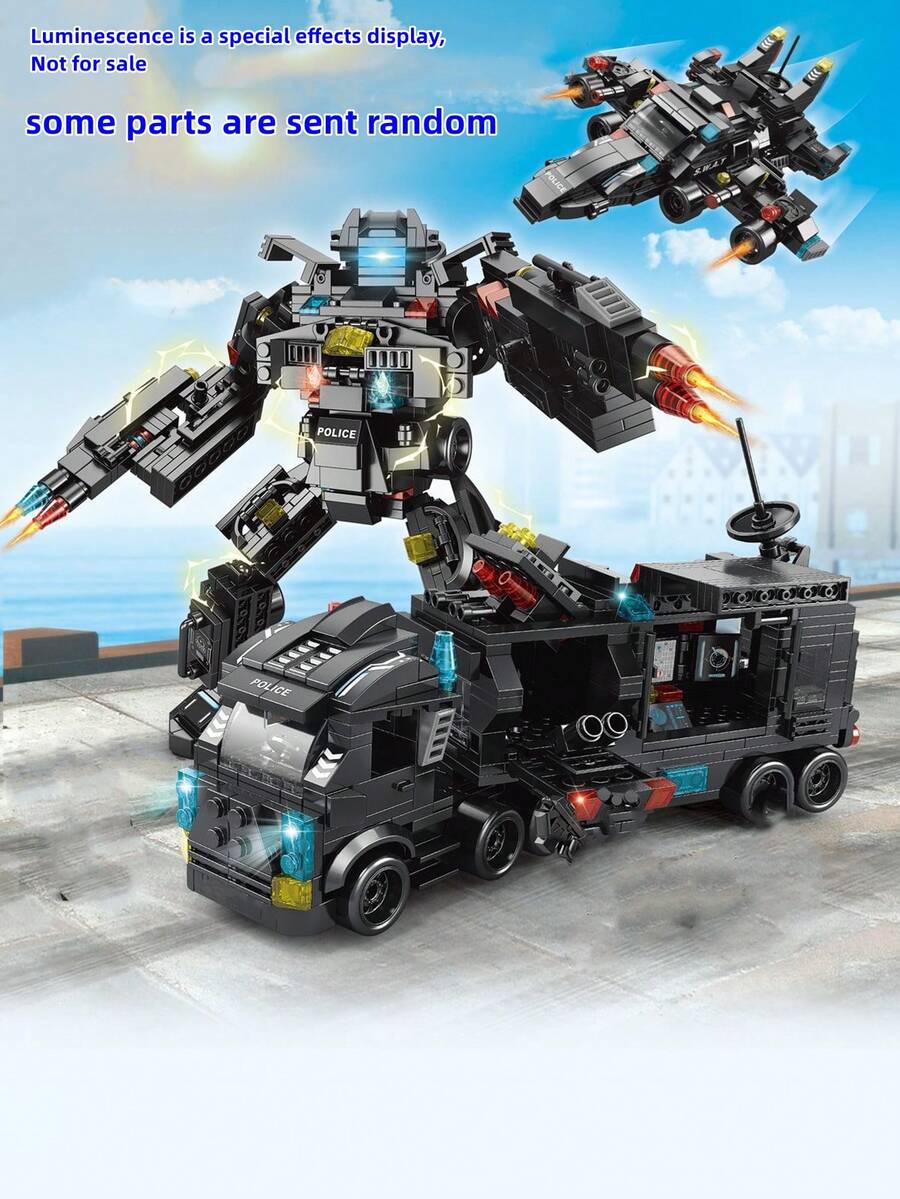 585 件警察建筑积木可变形机器人、直升机、汽车 8 合 1 模型；1134 件 6 合 1 灰色海军战舰；14+ 灰色战舰组装手工礼物，适合青少年房间装饰 - 彩色 - 查看 1