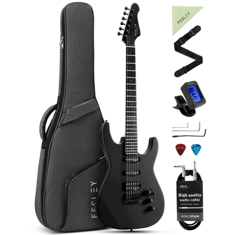 Fesley 39 Inch Electric Guitar, Electric Guitar Kit With HSS Pickups, Stylish Poplar Solid Body Electric Guitar For Beginner, Maple Neck, ST Style 6 String Guitar With Gig Bag, FST400M, Black