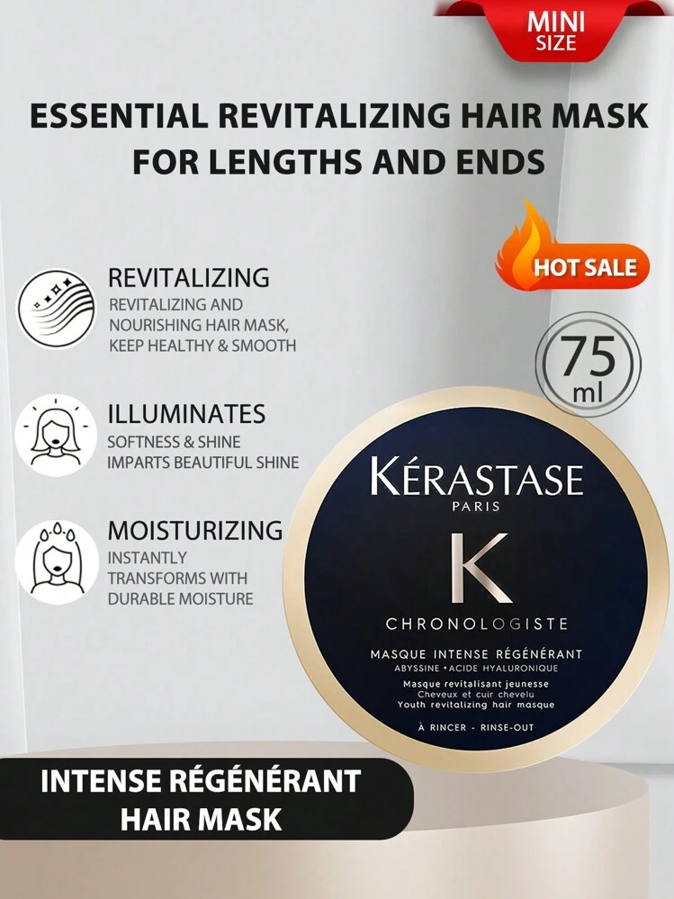 Mascarilla revitalizadora para el cabello [Mini] CHRONOLOGISTE de Kérastase 75ml. Mascarilla esencial revitalizadora para largos y puntas. Hidrata el cabello y el cabelludo para un cabello suave y brillante. Mascarilla acondicionadora profunda anticrespo. Con ácido hialurónico. Para cabello seco y dañado. - Negro - Añade 1