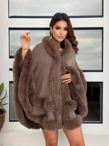 1 Peça Casaco de Suéter Longo Oversized com Capuz, Gola de Pele Sintética de Coelho, Bainha com Franjas, Tecido Acrílico Tricotado, Estilo Europeu e Americano, Novo Outono/Inverno, para Vestido