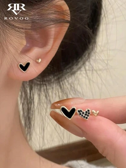 3 对时尚简约精致人造黑色水钻心形设计女士耳环套装情人节、妈妈、母亲、母亲节、礼物