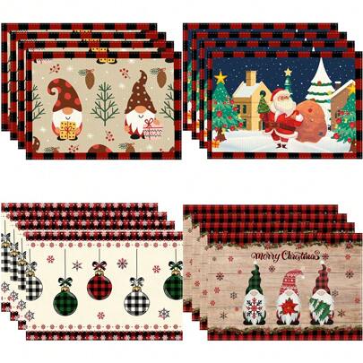 1/4 Stücke Polyester Weihnachtssets mit Cartoon Obdachlose Winter Feiertags Westliche Restaurant Tischsets, rot karierter Rand, Weihnachtsfeier Tischdekoration, Küche & Kaffee Shop rote Untersetzer, waschbar, Heimdekoration, Weihnachtsdekor, Partyzubehör