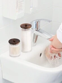 3 Packs Qtip Holder Bathroom Dispenser Storage Swabs, Makeup Pads, Dental Floss Picks - Clear Jar With Brown Wood Lid,For Holiday Beach, Bathroom Collection, Bedroom Collection, Large Capacity
