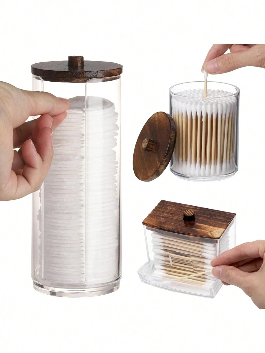 3 Packs Qtip Holder Bathroom Dispenser Storage Swabs, Makeup Pads, Dental Floss Picks - Clear Jar With Brown Wood Lid,For Holiday Beach, Bathroom Collection, Bedroom Collection, Large Capacity