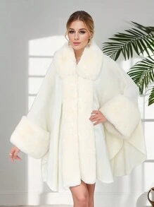 1 Peça Poncho, Xale, Cardigã de Malha Acrílica Folgado e Oversized, Elegante Gola de Pele Sintética com Plus Size para Mulheres