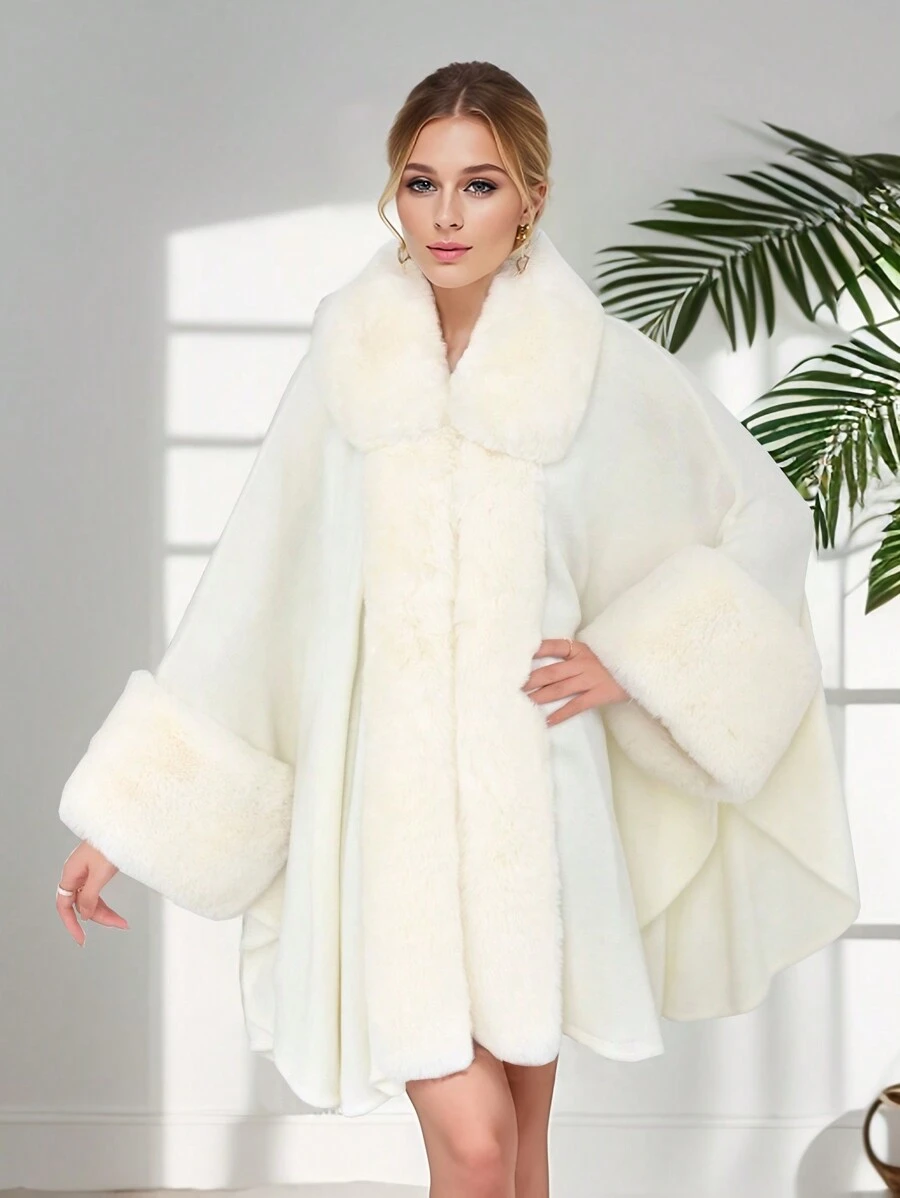 1 Peça Poncho, Xale, Cardigã de Malha Acrílica Folgado e Oversized, Elegante Gola de Pele Sintética com Plus Size para Mulheres