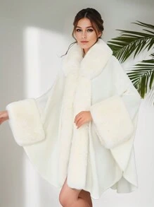 1 Peça Poncho, Xale, Cardigã de Malha Acrílica Folgado e Oversized, Elegante Gola de Pele Sintética com Plus Size para Mulheres