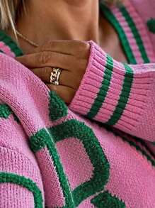 Women's Autumn And Winter Daily Letter Pattern V-Neck Single-Breasted Sweater Coat Long-Sleeved Knitted Cardigan