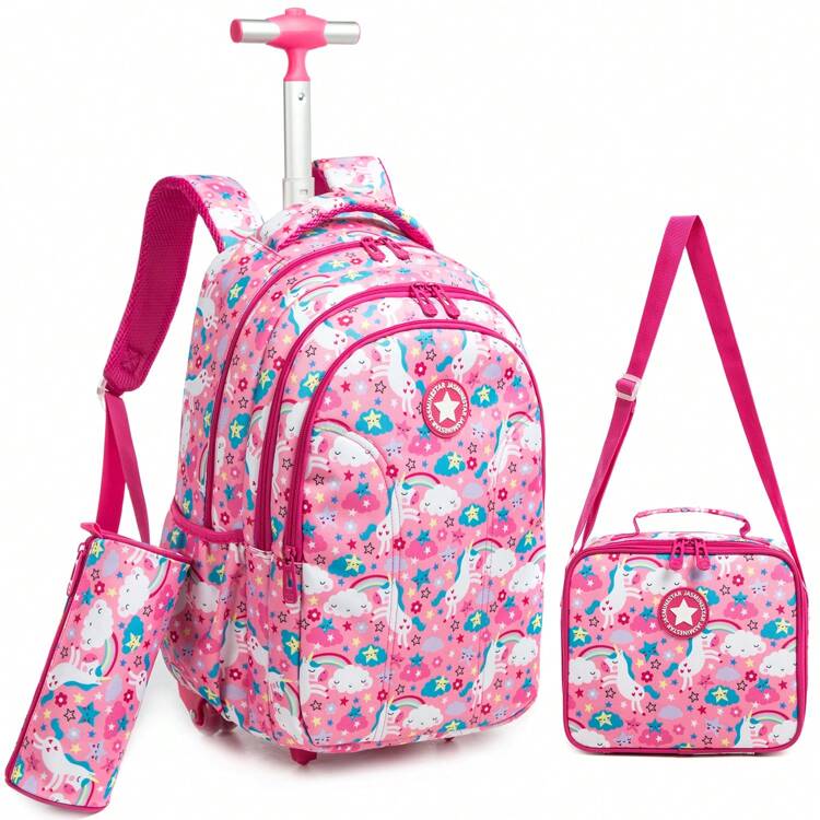 3PCS 18 Unicorn Rolling Backpack For Girls School Backpack With Wheels Kids Rolling Backpack For Travel Backpack Carry On Luggage With Wheels SHEIN