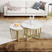 Nesting Table Coffee Table With Metal Base And Wooden Top, Modern Luxury Living Room Sofa Side Table, Set Of 2 - White - View 4