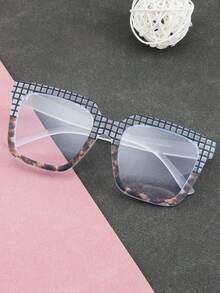 1pc Colorful Patchwork Square Frame Non-Prescription Glasses, Classic Daily Fashion Eyewear - White Tortoise Shell Frame - View 2