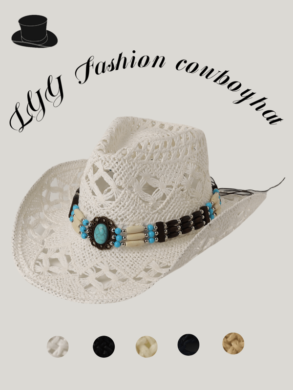 1 Stück Damenhut in Unifarbe im Westernstil, unisex Strohhut mit Perlen, Cut Out Panama Strandhut, bohemian, schickes Design, geeignet für den täglichen Gebrauch