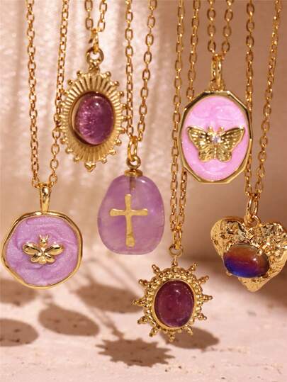 1pc Purple Natural Stone Necklace Enamel Butterfly Flower Cross Heart 18K Gold Plated Stainless Steel Pendant Necklaces For Women Jewelry Gifts Valentines