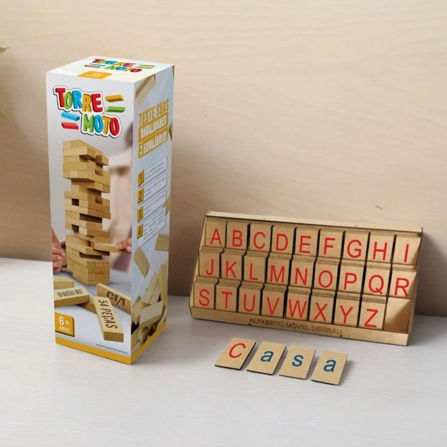 Jogo Caiu Perdeu Terremoto 54 Peças Alfabeto Educativo Mdf Degrau Brinquedos Educativo