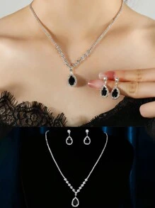 1 set Juego de joyería negro con decoración de cristales con forma de gota de agua, para vestidos de invitados a bodas de mujeres - Plateado - Ver 1