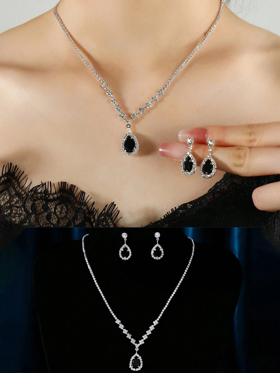 1 set Juego de joyería negro con decoración de cristales con forma de gota de agua, para vestidos de invitados a bodas de mujeres - Plateado - Ver 1