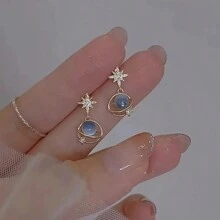 1 par de aretes de botón con fantasía azul y piedrería, adecuados para uso diario de mujeres - Dorado - Ver 3