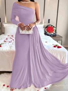 Vestido Elegante De Un Hombro Y Manga Larga Elegante Para Dama - Lila Púrpura - Ver 2