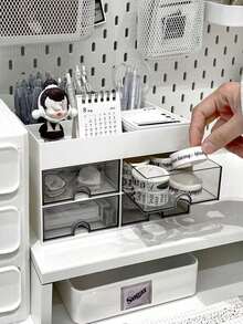 1pc Thickened Plastic Desk Organizer Makeup Storage Box With Transparent Drawers For Stationery And Sundries - White - View 9