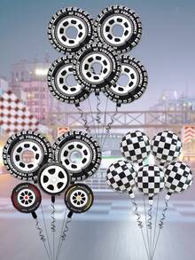 5入組賽車輪胎鋁箔氣球，18英寸方格氦氣氣球，適用於生日派對和賽車競賽裝飾 - 彩色 - 查看 1