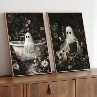 Set aus 2 Gespenst liest Bücher Badewanne Blumen Kunst Leinwand Poster Muster Halloween Lustige Badezimmer Dekoration Malerei Retro Gothic Stil Wandbild, moderne Wohnkultur, Studentenwohnheim Apartment Badezimmer Toiletten Dekoration, ohne Rahmen