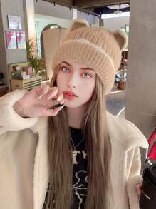 1 件装可爱耳饰针织冬帽，女士，温暖舒适，大头围，适合秋冬季情人节