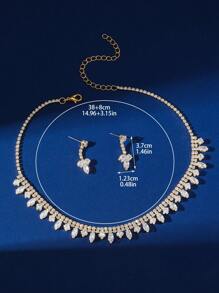 華麗亮麗的18K鍍金水晶立方氧化鋯女士珠寶套裝，項鏈+耳環，優雅時尚，適用於婚禮，派對及各種場合 - 金色 - 查看 4