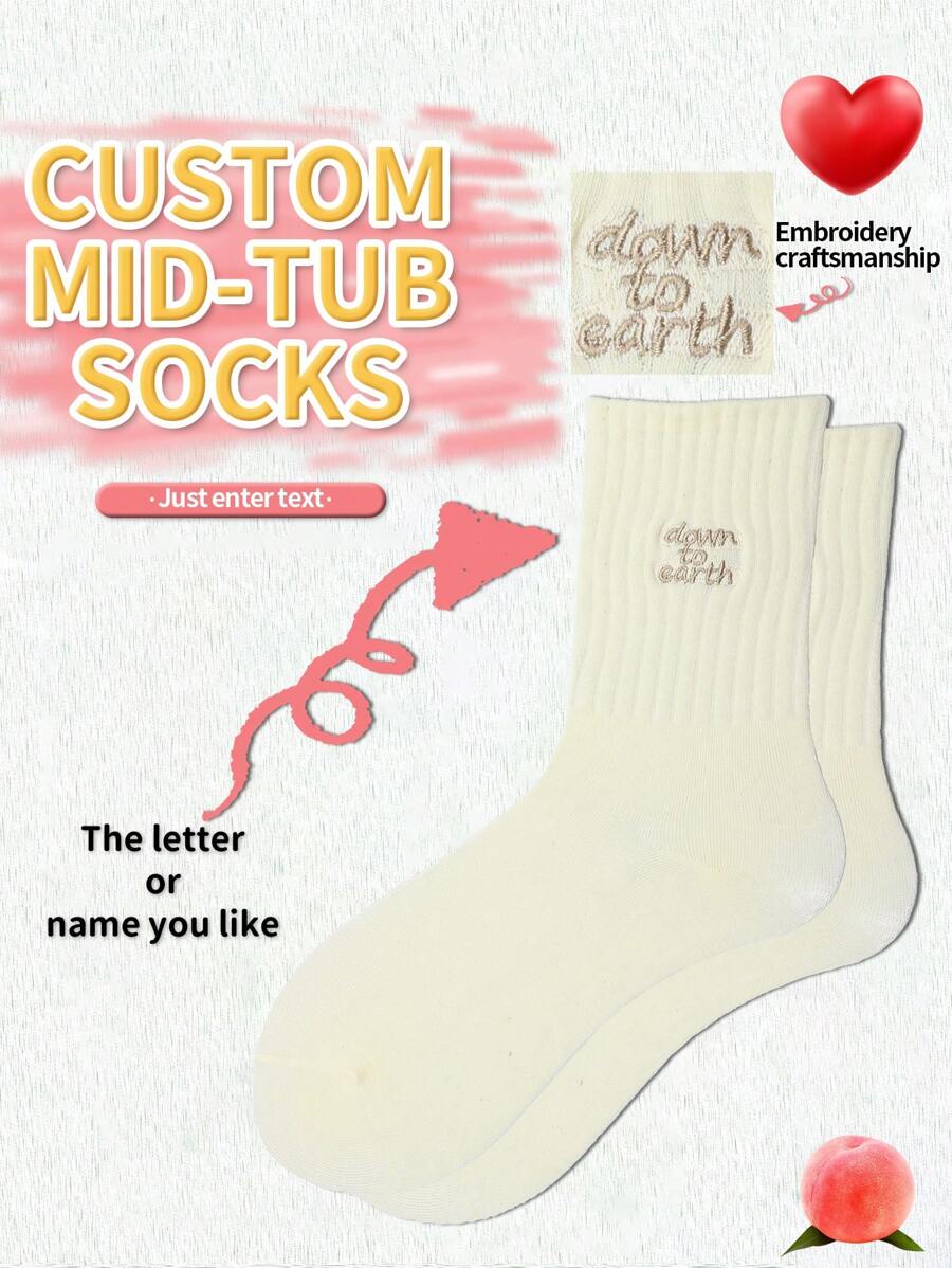 Face Socks 1pair Personalized Face Design Custom Men's Funny Mid-Calf Socks With Embroidered Text, Unisex Novelty Customized Lettering Couple Long Socks, Suitable For Valentine's Day, Birthday Gift-Giving And Other Occasions - Beige - View 1