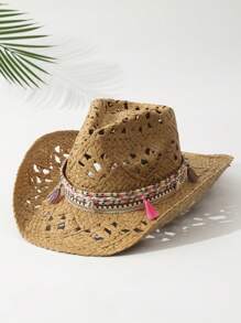 1 pieza Sombrero de vaquero estilo oeste de verano para viajes con impresión de ala ancha teñido decorativo turquesa unisex, sombrero de playa perforado para una mejor ventilación y con banda decorativa con cuentas tejida a mano, sombrero de paja - Multicolor1 - Ver 8