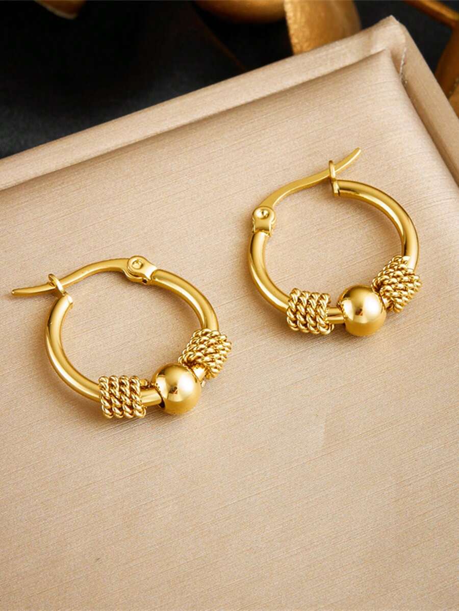 1對鍍金不鏽鋼圓編織扭轉珠子金屬耳環 - 金色 - 查看 1